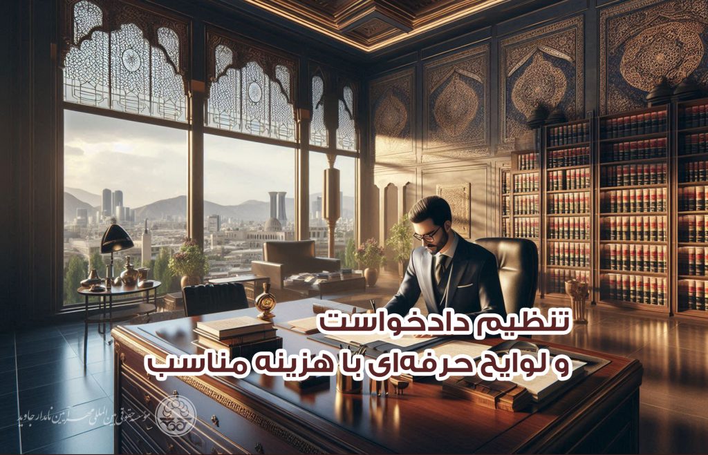 وکیل حرفه‌ای در حال نوشتن دادخواست و لایحه در دفتر حقوقی مدرن تهران