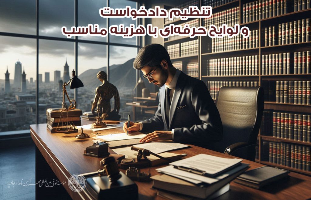 وکیل متخصص در حال نگارش دادخواست و لوایح با هزینه مناسب در دفتر حقوقی
